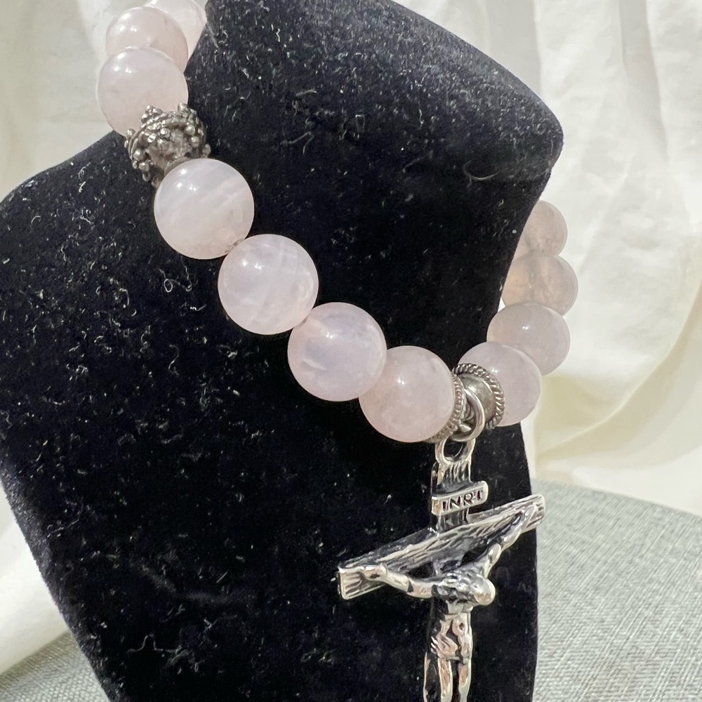 Rosary" Bracelet Rose Quartz Stone with Cross Stainless Steel Silver ☑️ - Picture 12 of 14